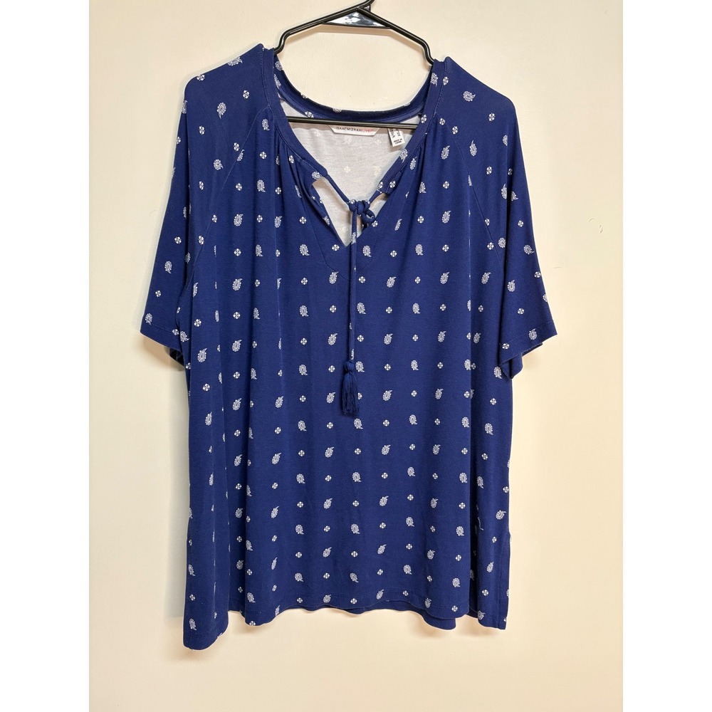 Isaac Mizrahi Live! V-Neck Short Sleeve Printed Blue/White Blouse Women's Size L - Picture 1 of 5